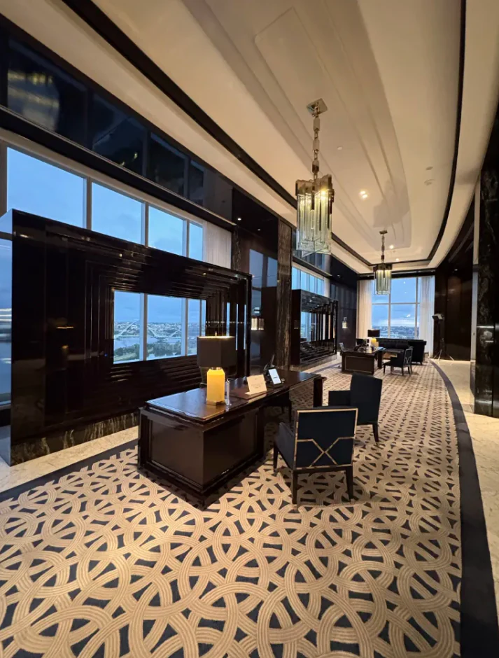 Hotel lounge with city views during a trip