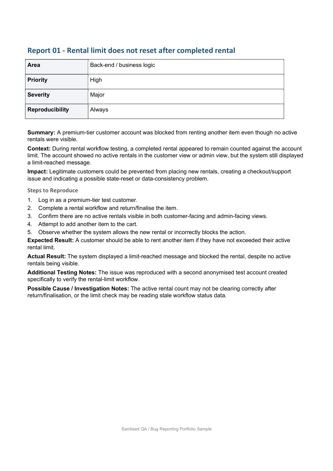 Sanitised QA and bug reporting portfolio sample, page 2 of 6