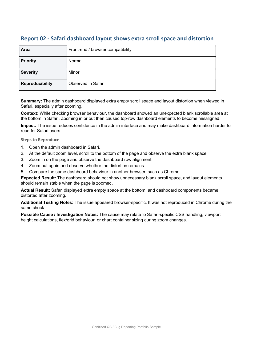 Sanitised QA and bug reporting portfolio sample, page 3 of 6