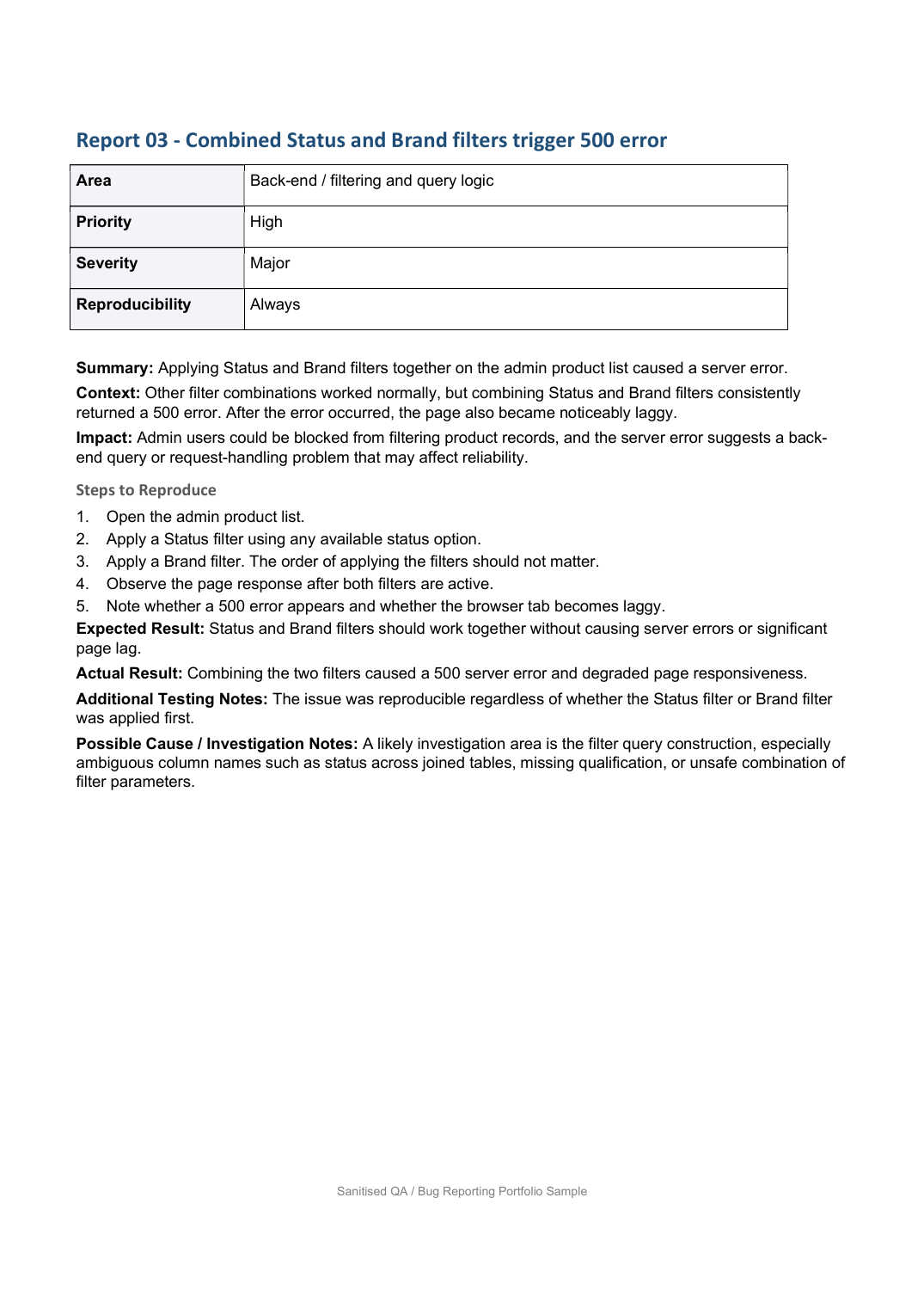 Sanitised QA and bug reporting portfolio sample, page 4 of 6