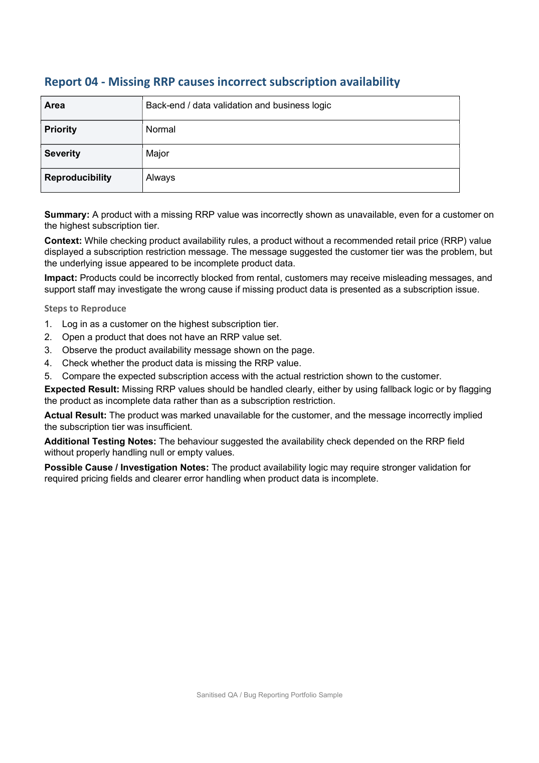 Sanitised QA and bug reporting portfolio sample, page 5 of 6