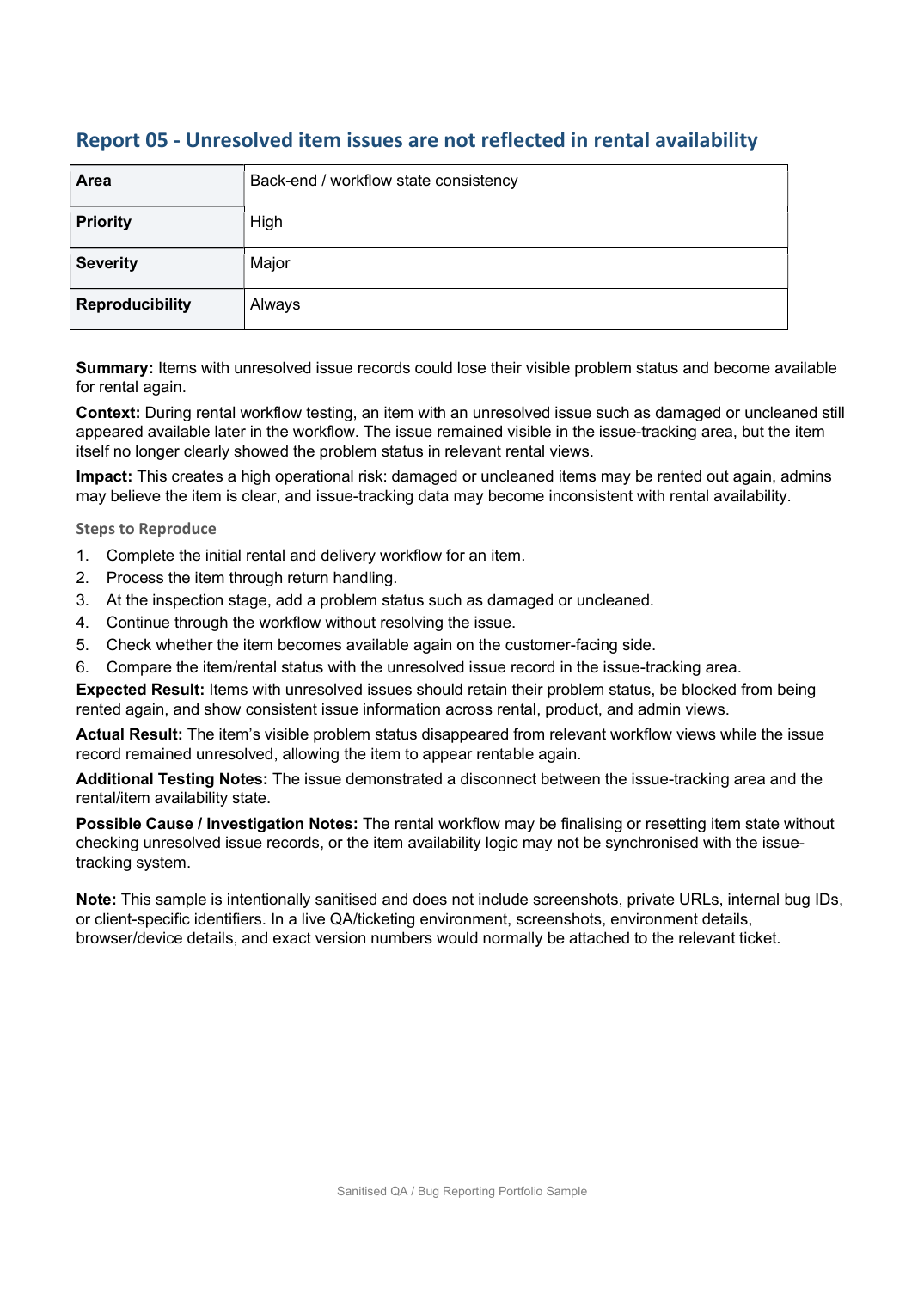 Sanitised QA and bug reporting portfolio sample, page 6 of 6