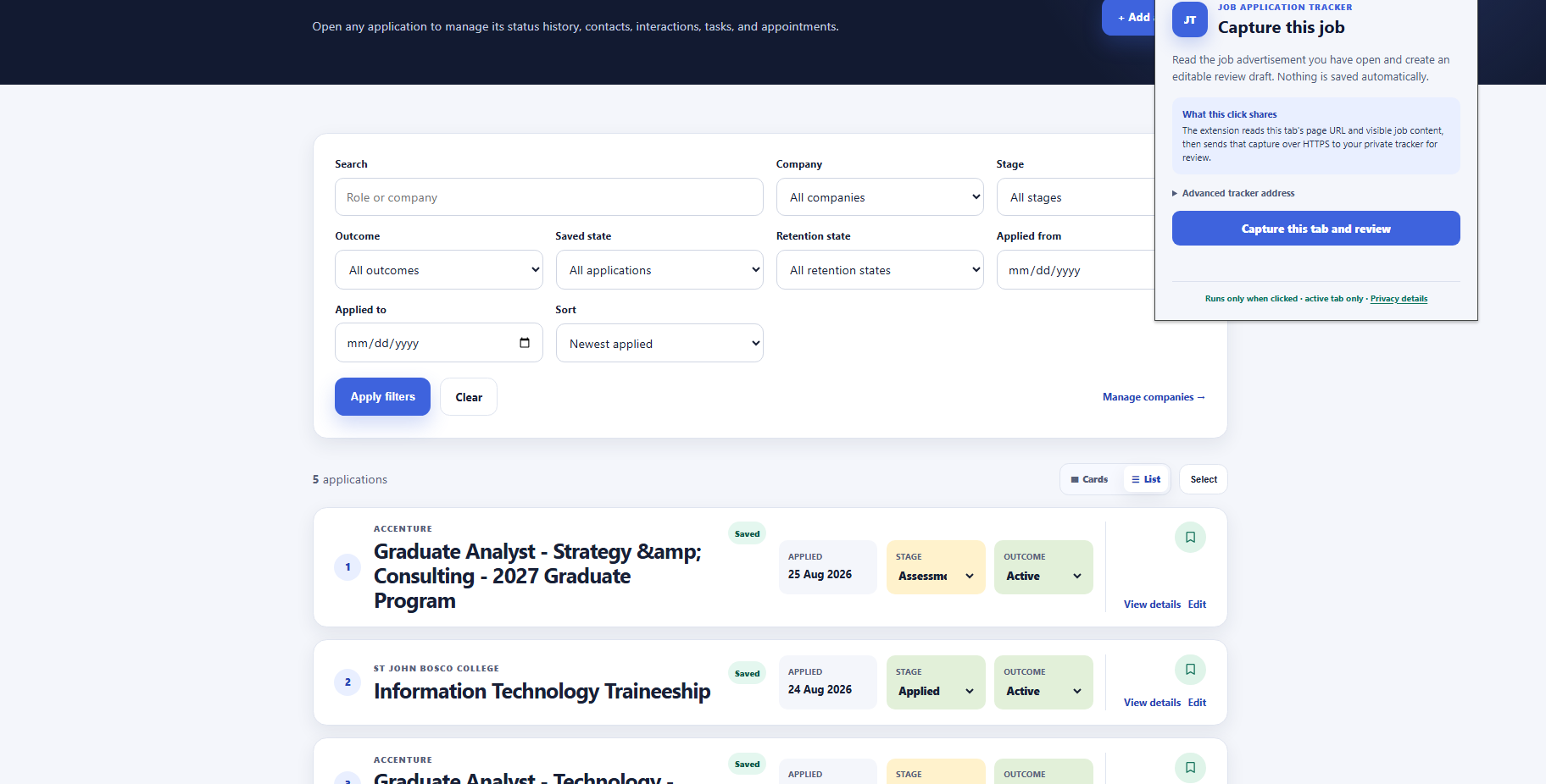 Job Application Tracker applications page with the approved browser extension open
